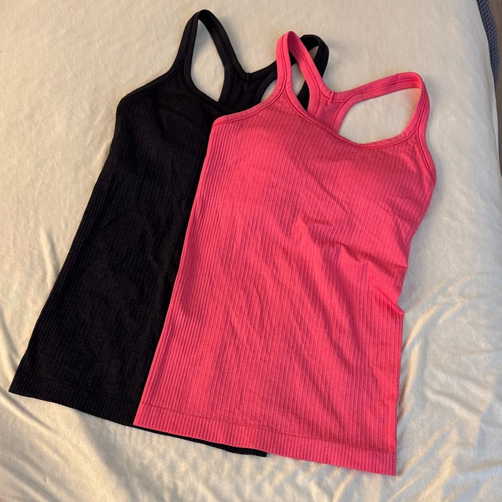 Lululemon Athletica Black and Pink Ribbed Tank Tops